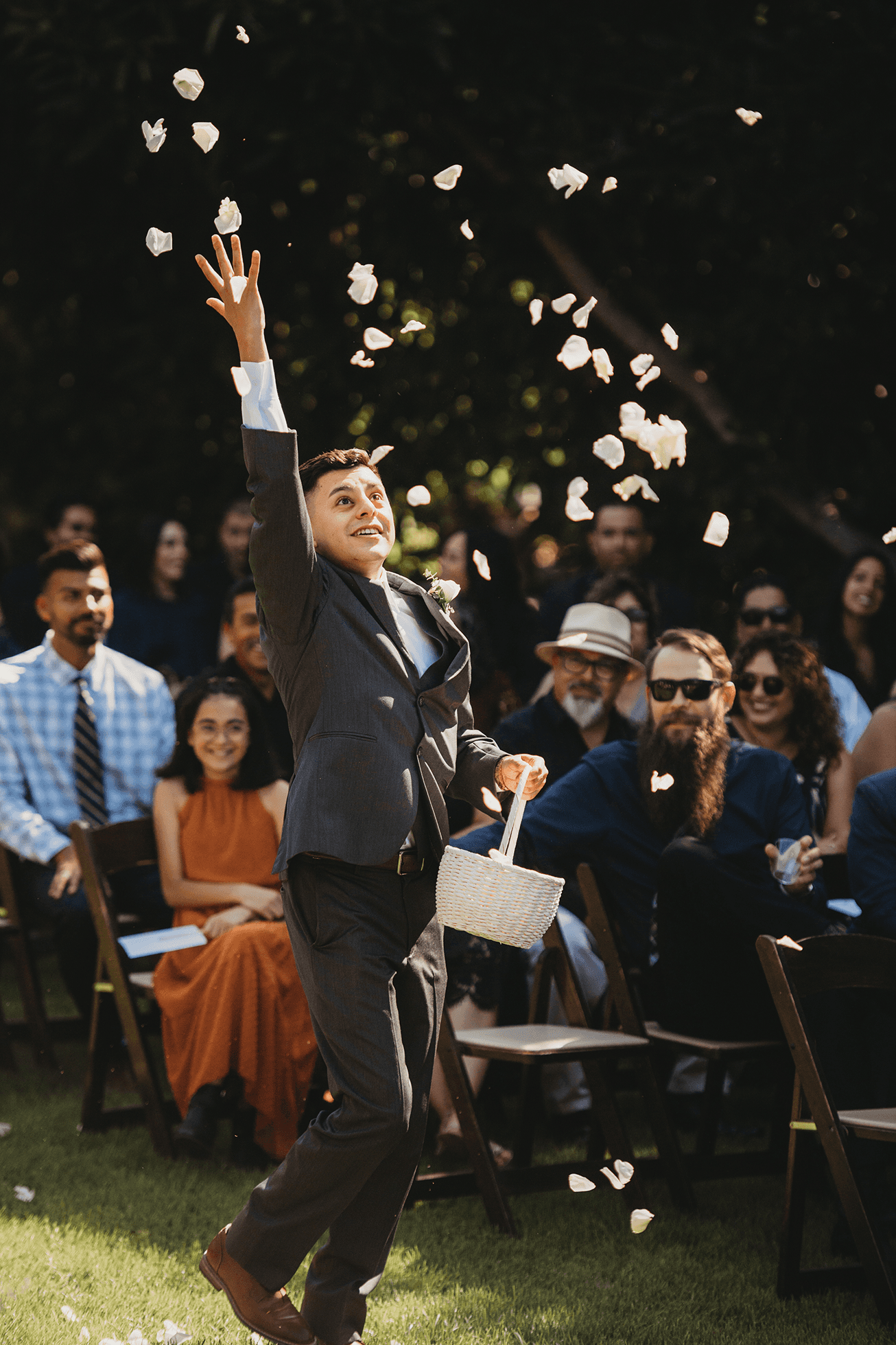 Flat lay wedding details with bouquet, rings, and sparkling bridal heels