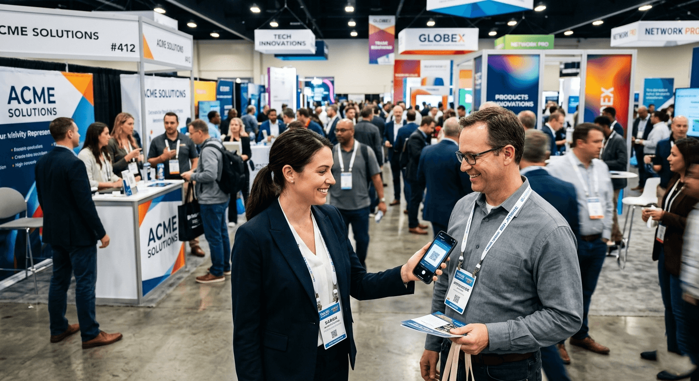 Field sales rep scanning a QR badge at a busy trade show booth