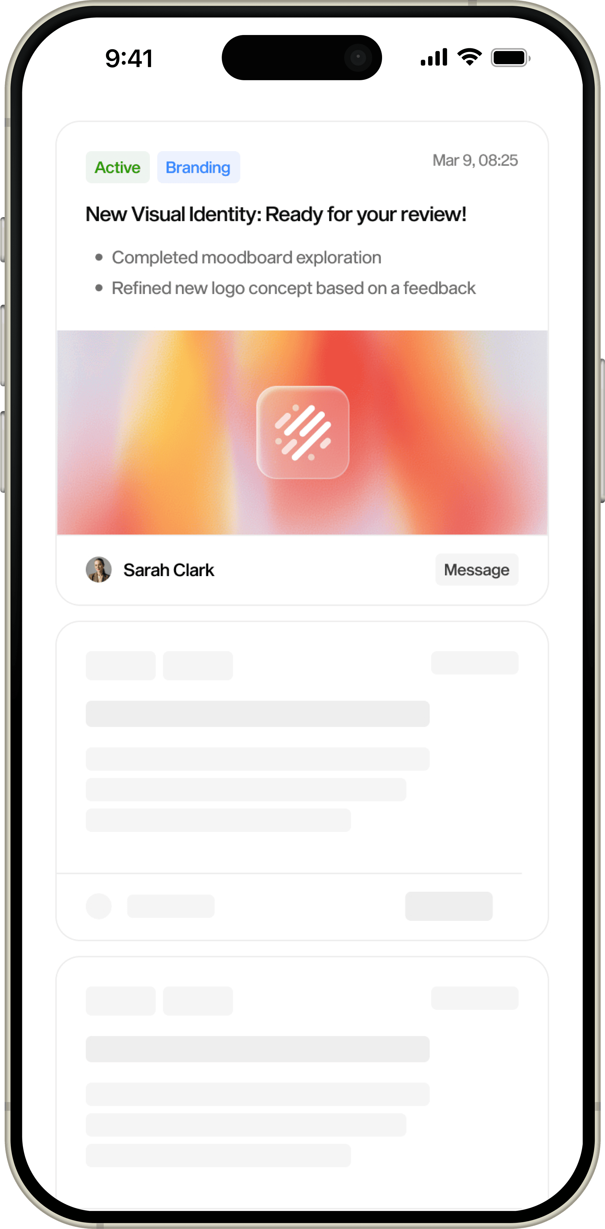 An iPhone screen displays an app interface featuring a message about a new visual identity, with a colorful abstract background and icons for notification and messaging.