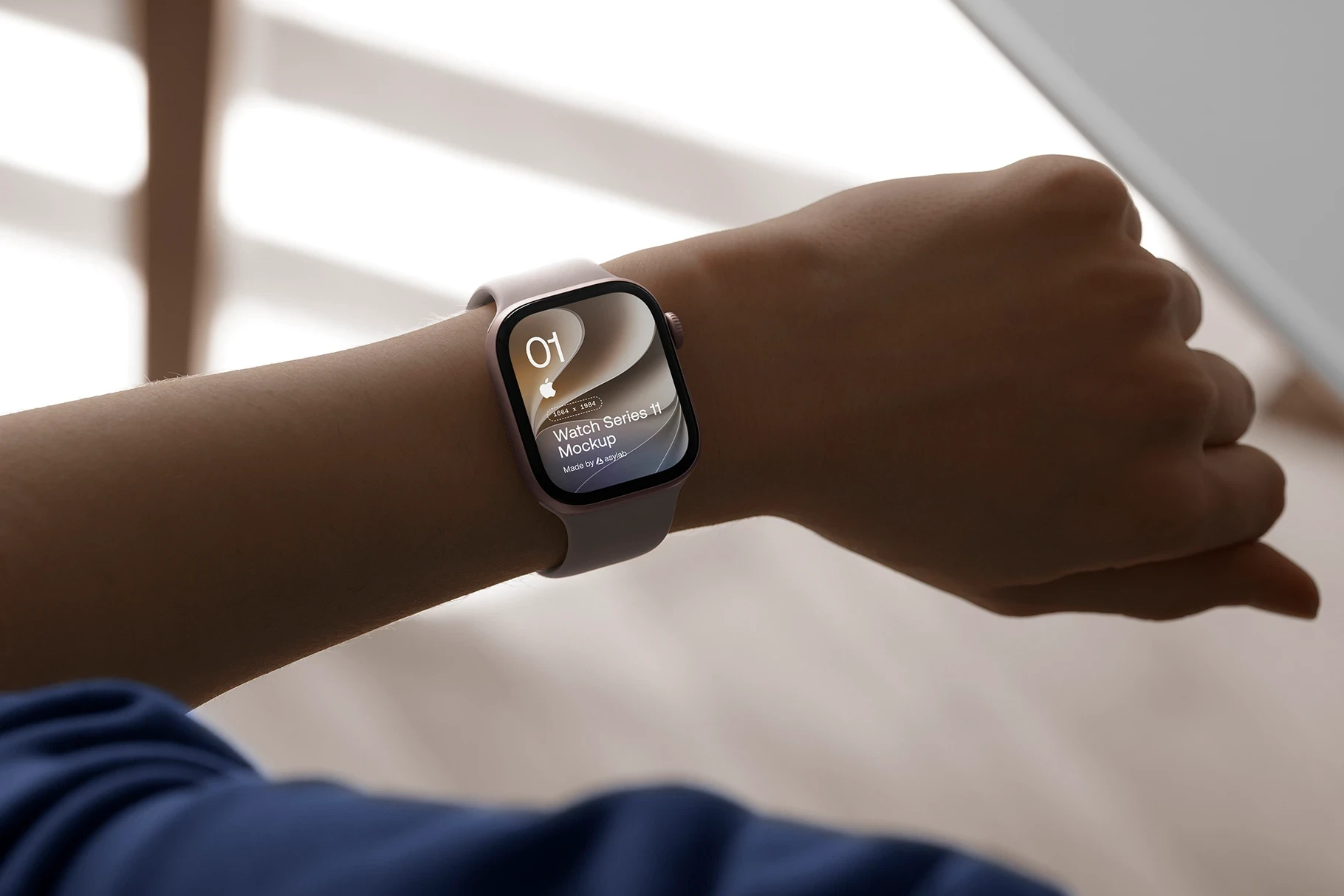 Lifestyle Apple Watch Series 11 mockup on wrist featuring an elegant watch face in a realistic indoor environment.