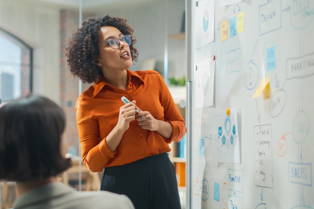 Woman working at whitebaord