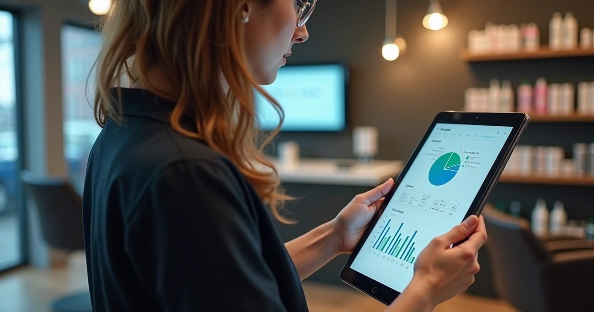 Tablet mostrando fluxo de trabalho automatizado em salão. 