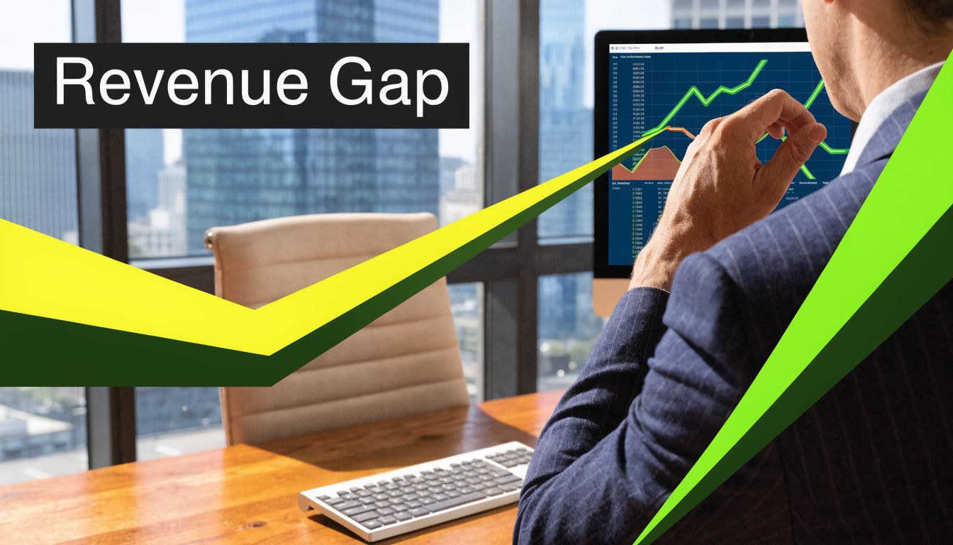 A businessman in a suit analyzes a business revenue chart on a computer monitor in an office.