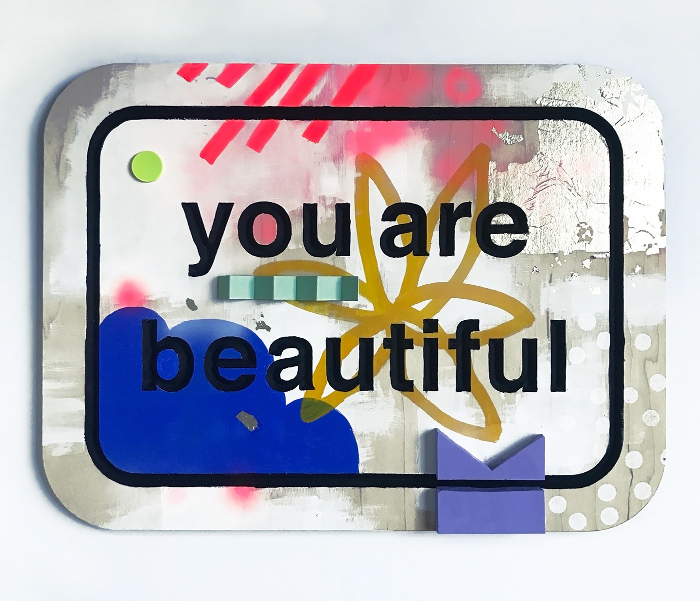 You Are Beautiful carved wood board with gold leaf, hot pin spray paint, purple carved eraser, blue cloud, and mint green zig-zag