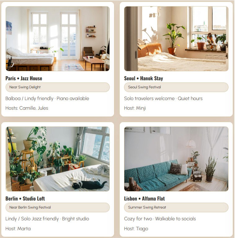 Platform connecting swing dancers for hosting and travel experiences