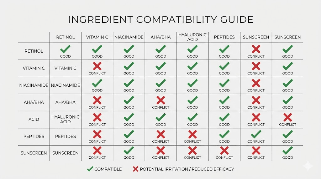 Copper peptide ingredient compatibility chart showing safe and unsafe combinations