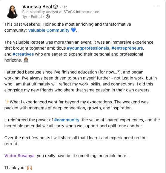 LinkedIn post describing key moments from The Valuable Retreat.