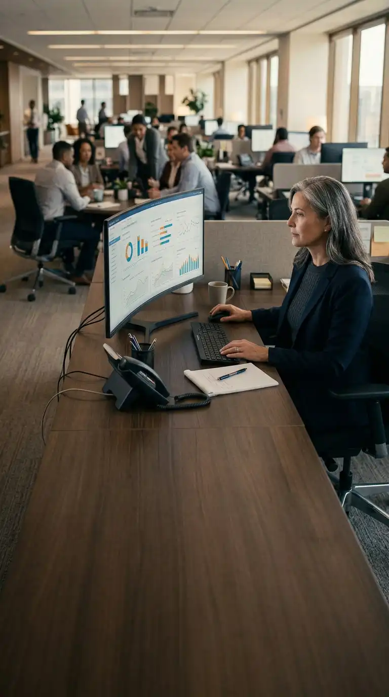 Health plan analyst reviewing dashboards in an open office