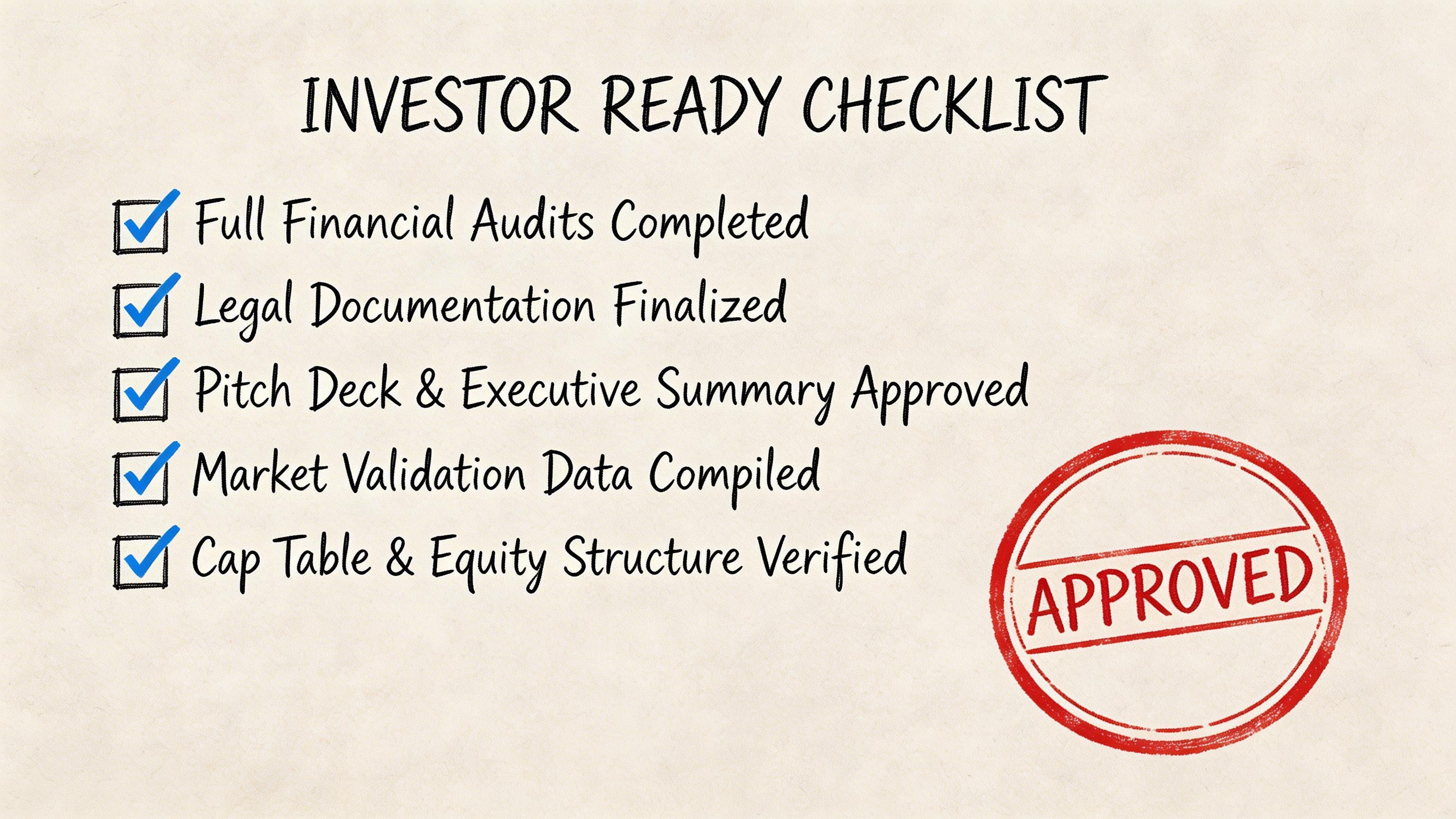 A business checklist titled Investor Ready Checklist with all five items marked as completed and approved.