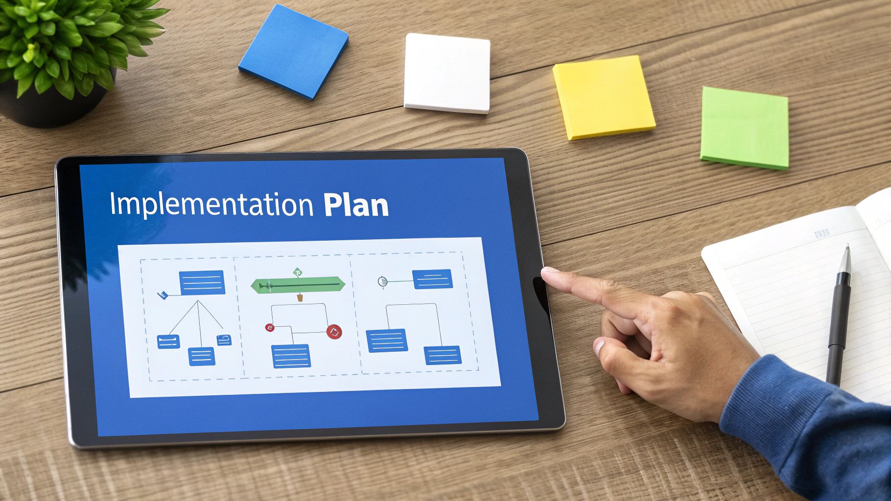 A blueprint document with glasses and a pen on top, symbolizing a strategic plan