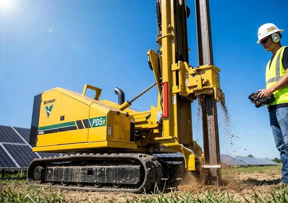 A worker in a hard hat operates a yellow drilling machine under a clear blue sky, near solar panels.