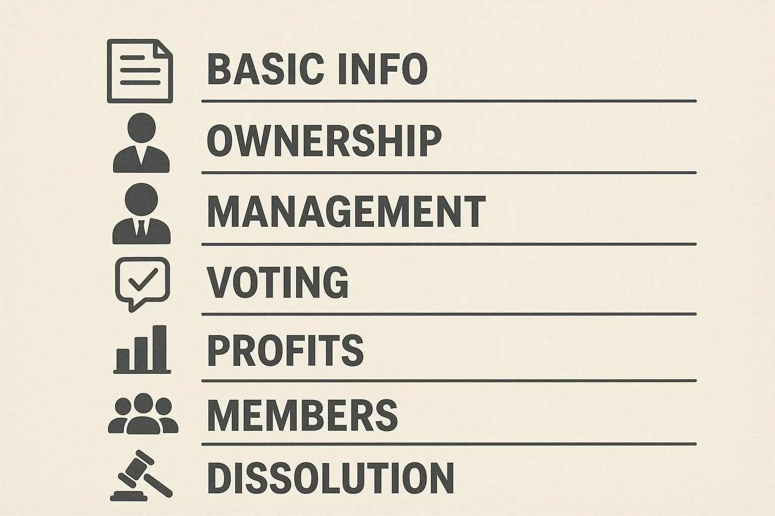 Infographic-style checklist showing LLC operating agreement sections with icons for basic info, ownership, management, voting, profits, members, dissolution, and amendments.