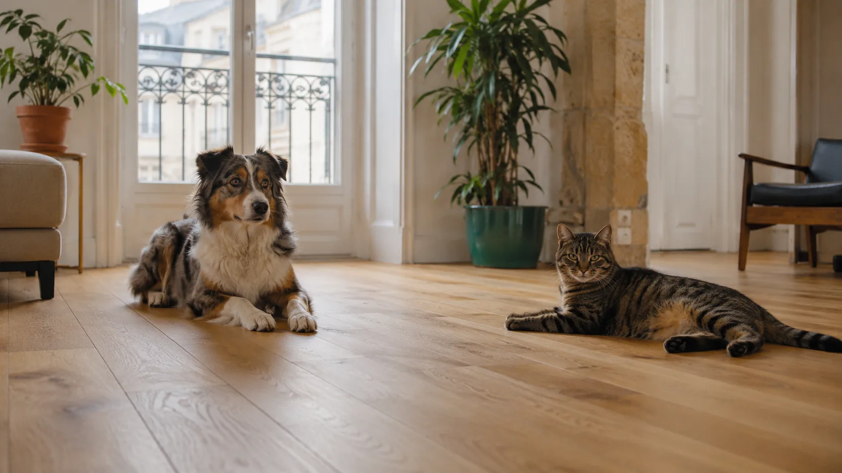 Chien et chat dans un appartement bordelais avec parquet en chêne naturel