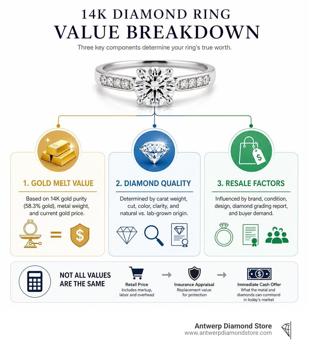 14K diamond ring value breakdown: gold melt value, diamond quality, and resale factors infographic