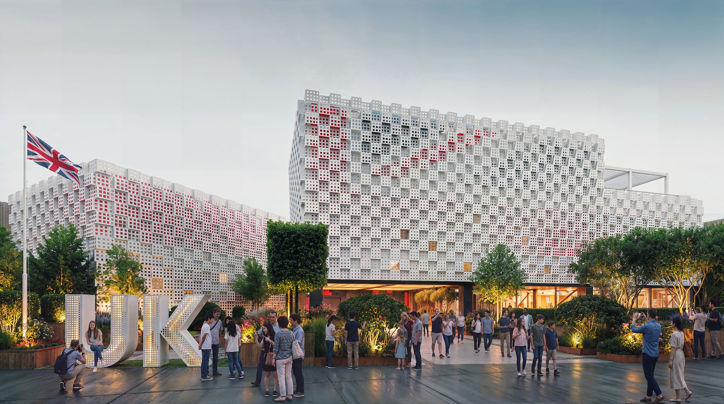 Architectural CGI visualising a modern exhibition UK pavilion.