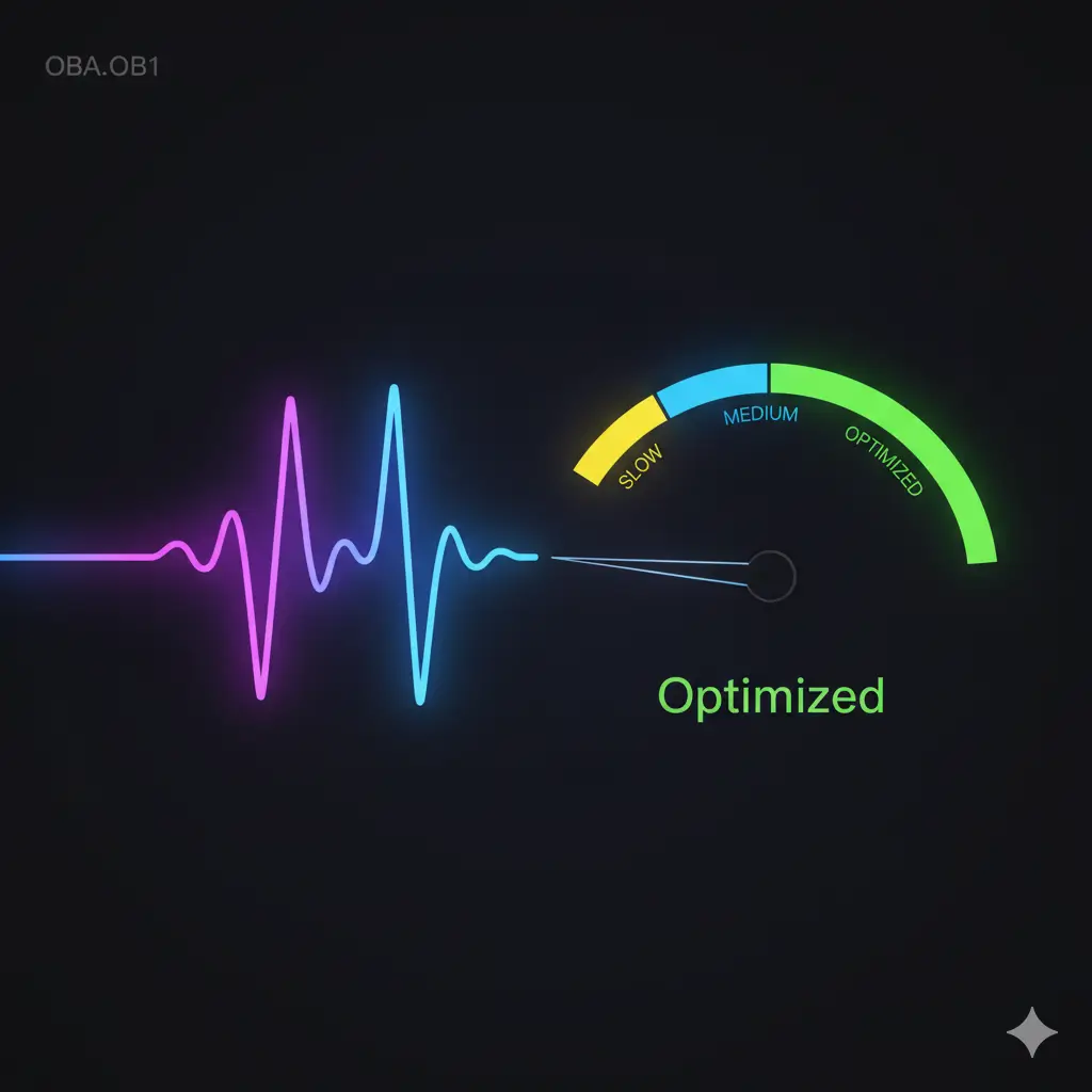 A colorful heartbeat line displays a pulse, with a gauge indicating "Optimized" in green, suggesting peak performance or efficiency.