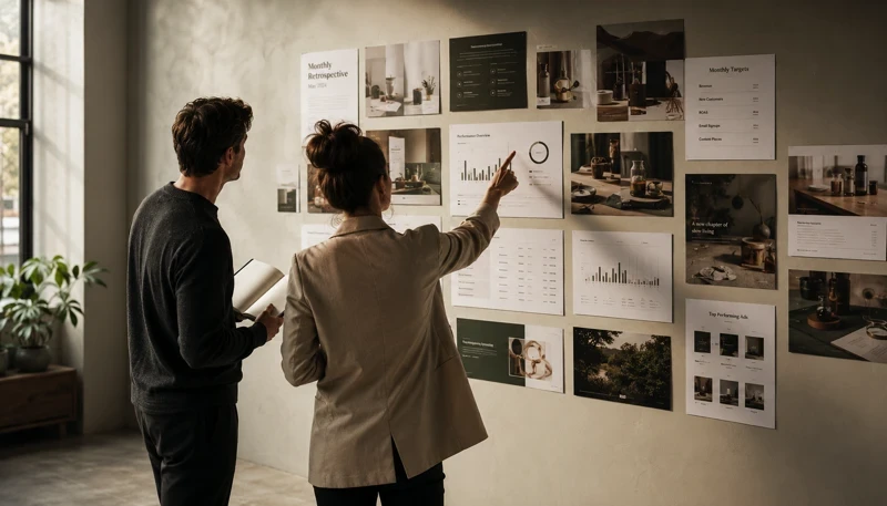 Twee professionals bekijken een moodboard met interieurontwerpen, foto's en grafieken aan de muur