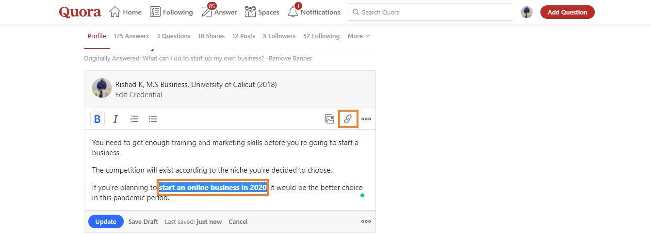 Inserting the landing page link to Quora
