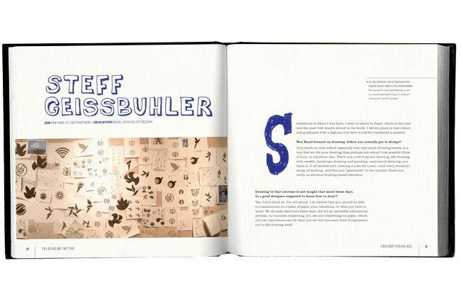 The image shows an open book displaying two pages. The left page features the name "STEFF GEISSBUHLER" in large, bold blue letters at the top. Below the name, a collage of brown and white paper cutouts and drawings is arranged in a grid-like pattern. The right page contains a blue letter "S" at the top. Below it, a text block begins with the word "Drawing" and continues with text that appears to be an essay or article about drawing. The page numbers 4 and 5 are visible at the bottom of each page.