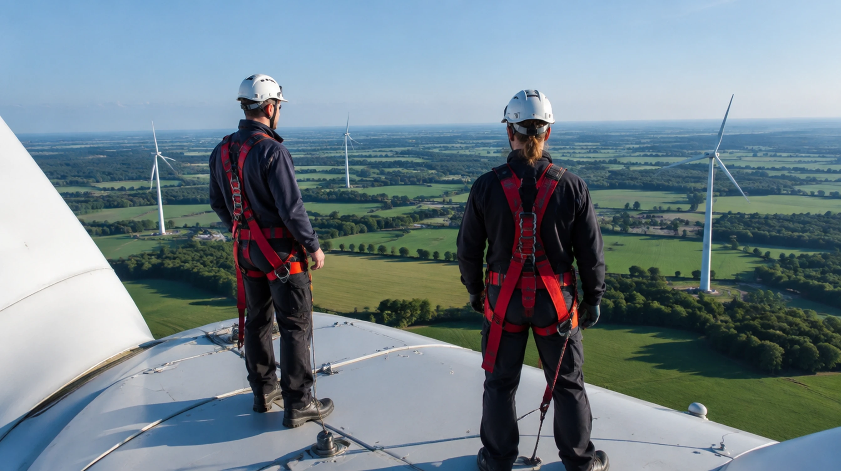 Wind technicians in climbing harnesses on top of a wind turbine nacelle above farmland