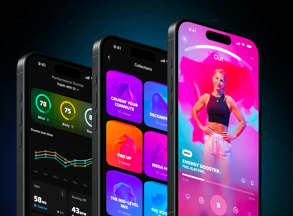 FivePointFive breathwork app interface on smartphones showing personalized wellness classes and music integration