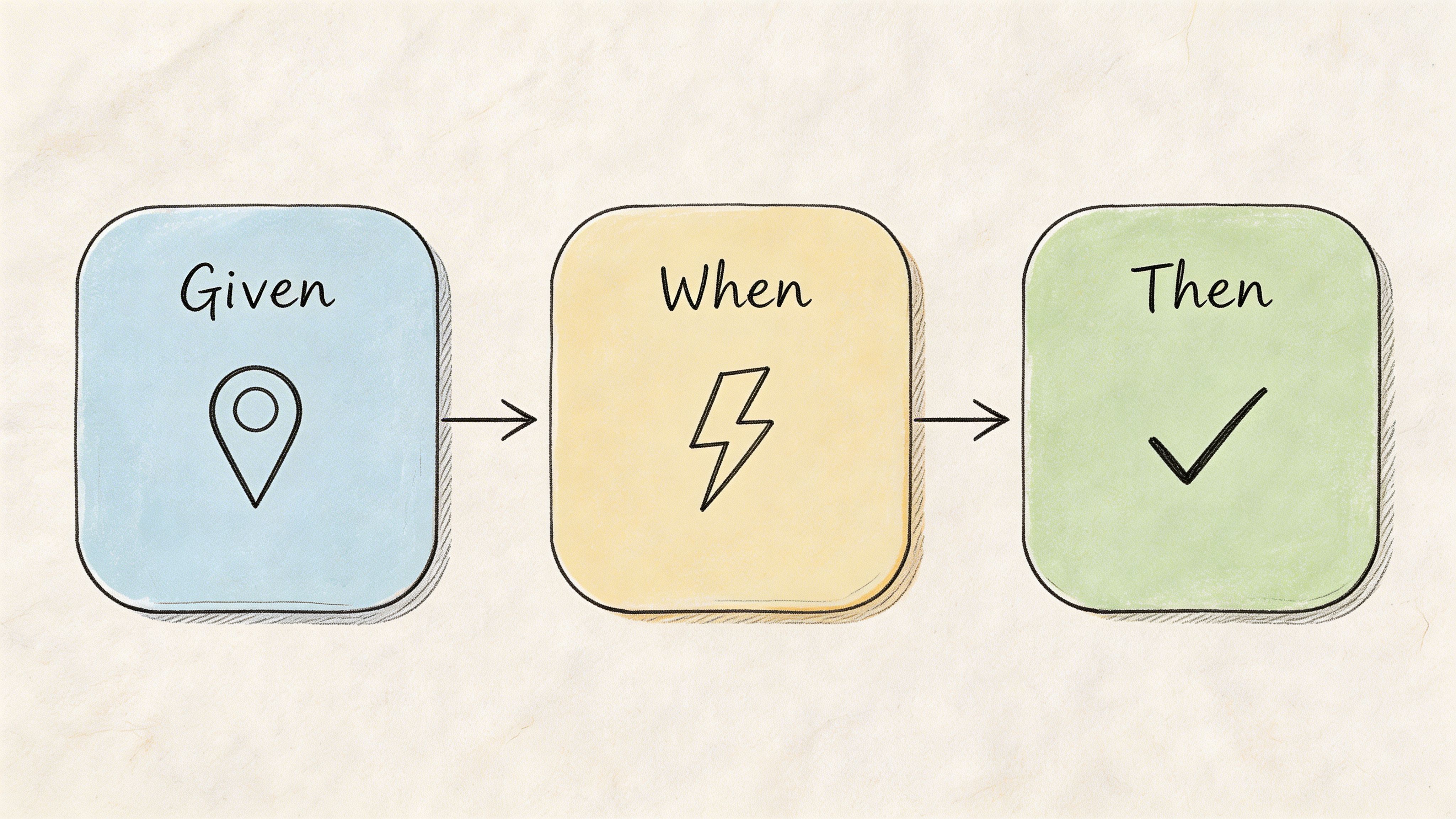 A diagram with three colored squares labeled Given, When, and Then, illustrating a behavior-driven development process.