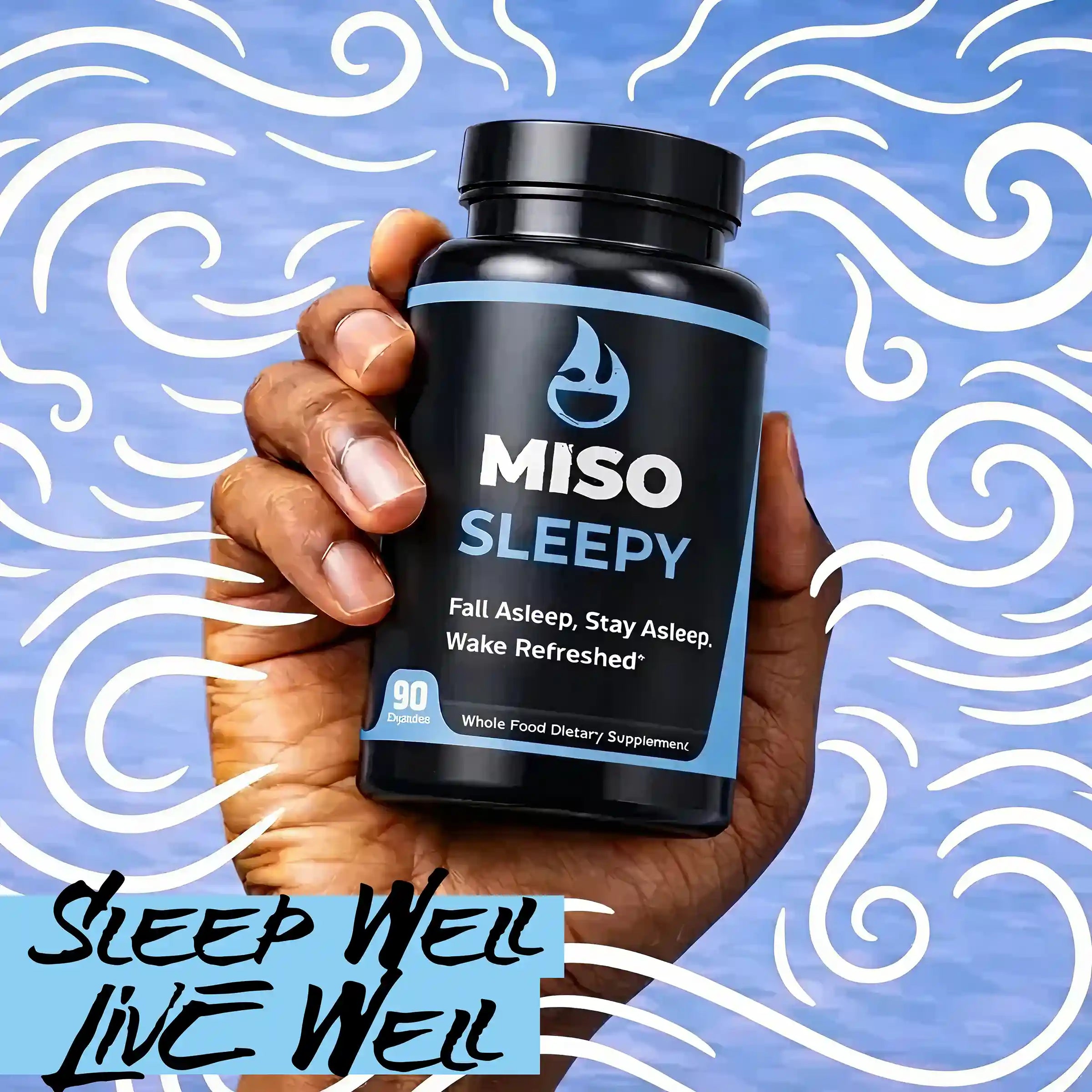 Hand holding a bottle of MISO SLEEPY supplement with a blue and white patterned background.