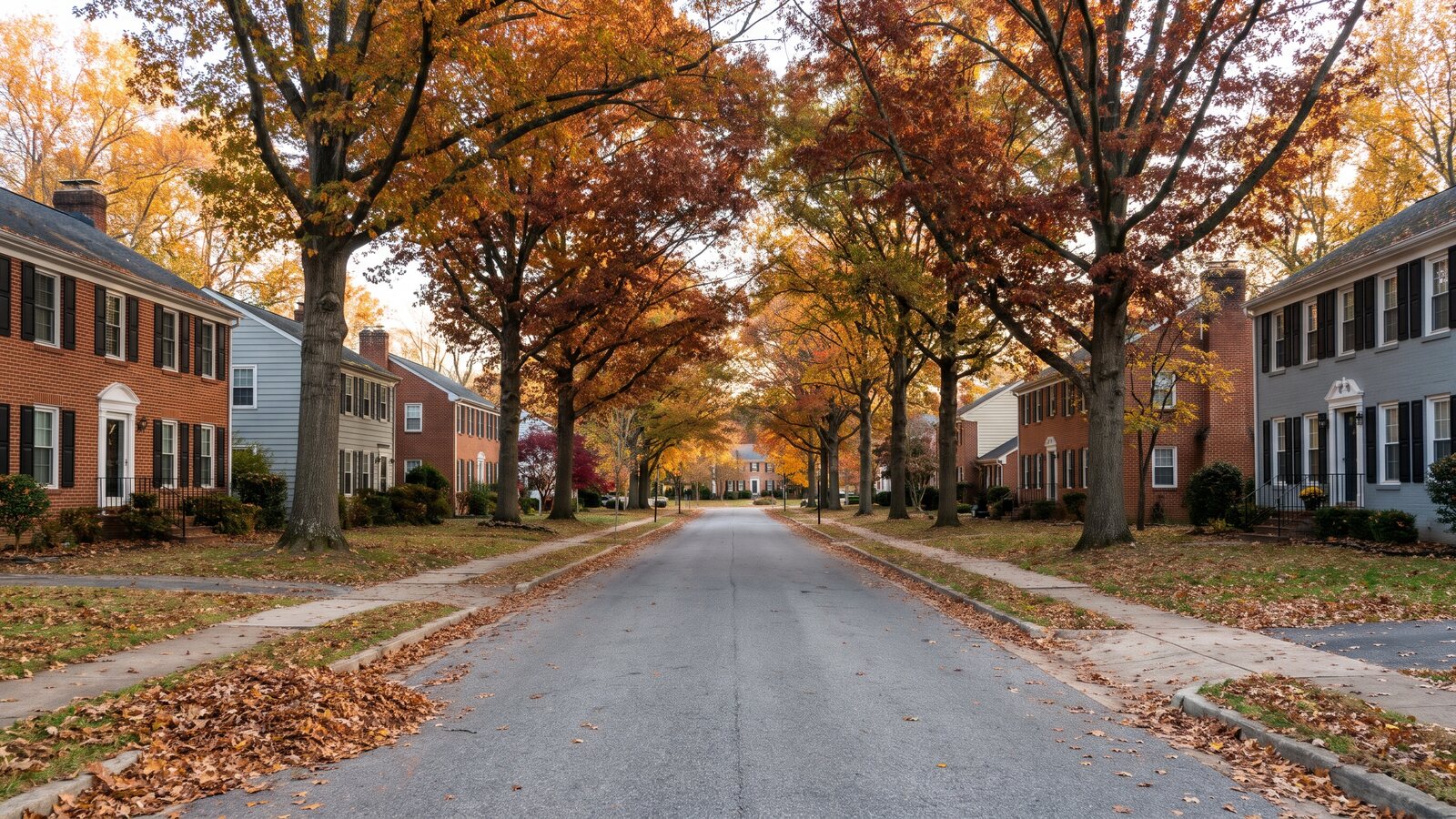 Tree lined street of colonial homes in an Anne Arundel County neighborhood in late autumn