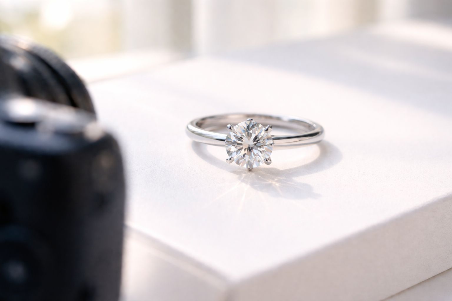 A sparkling diamond engagement ring sitting on a white surface next to a camera lens.