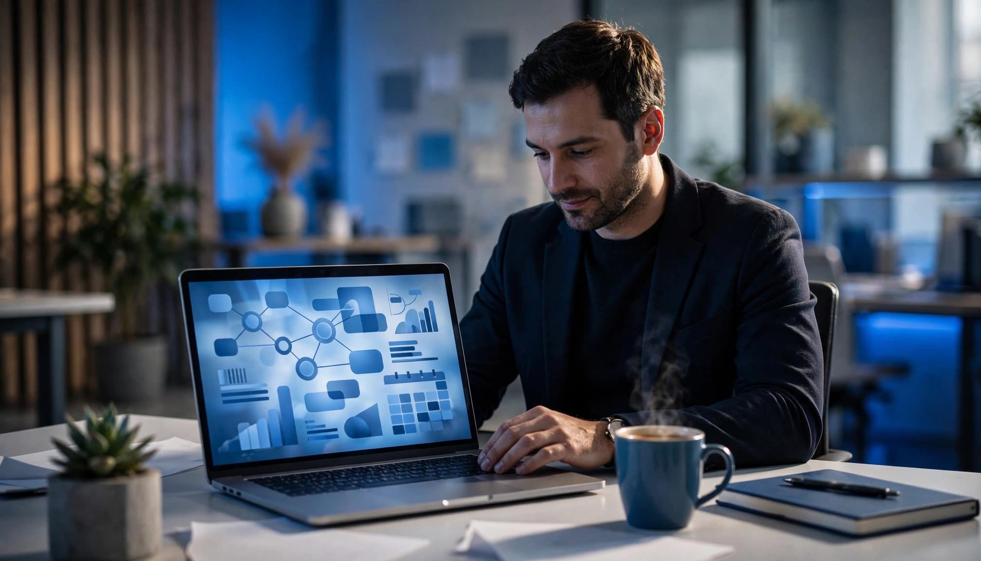 A business operator reviews connected lead workflows on a laptop beside coffee and a notebook.