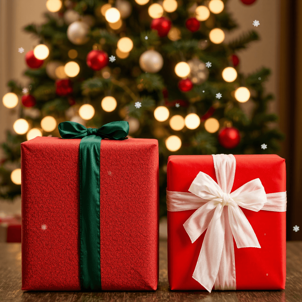 product photography of two wrapped gift boxes with decorative ribbons