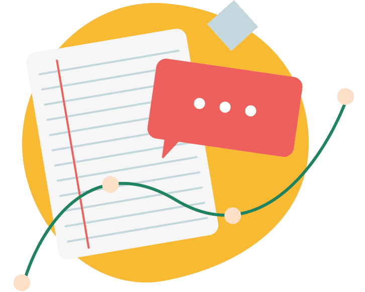 an illustration featuring a written essay on paper a speech bubble in reference to conversation and various other design motifs this illustration is a reference to resources or industry intel from Komodo