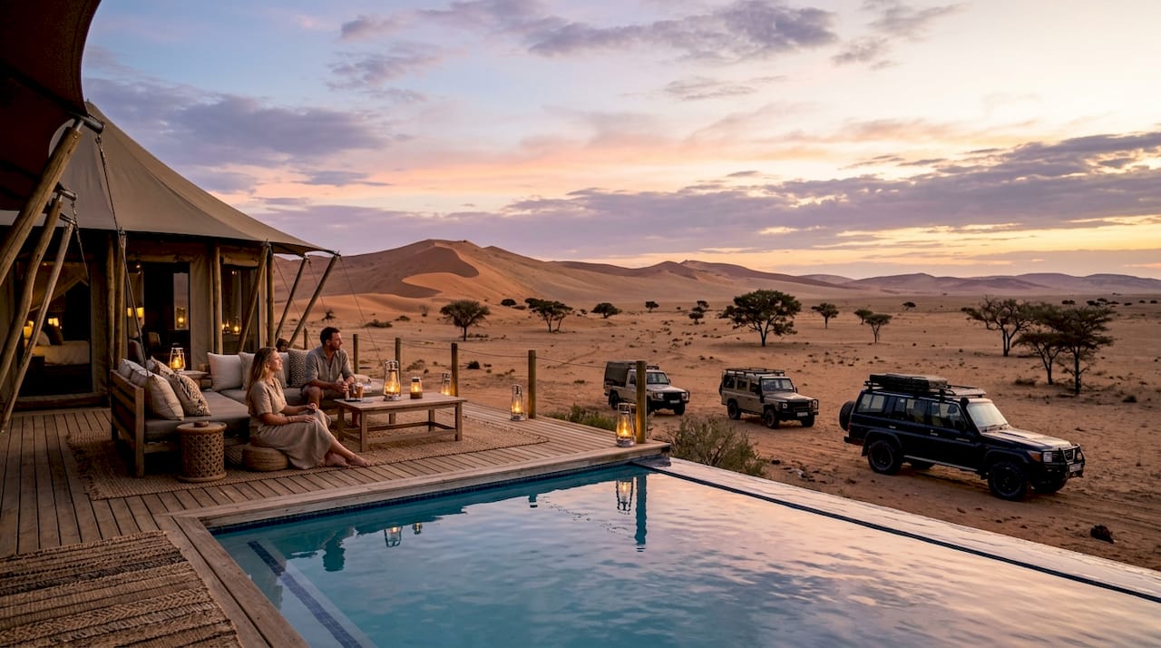 Luxury desert lodge with dunes at sunset