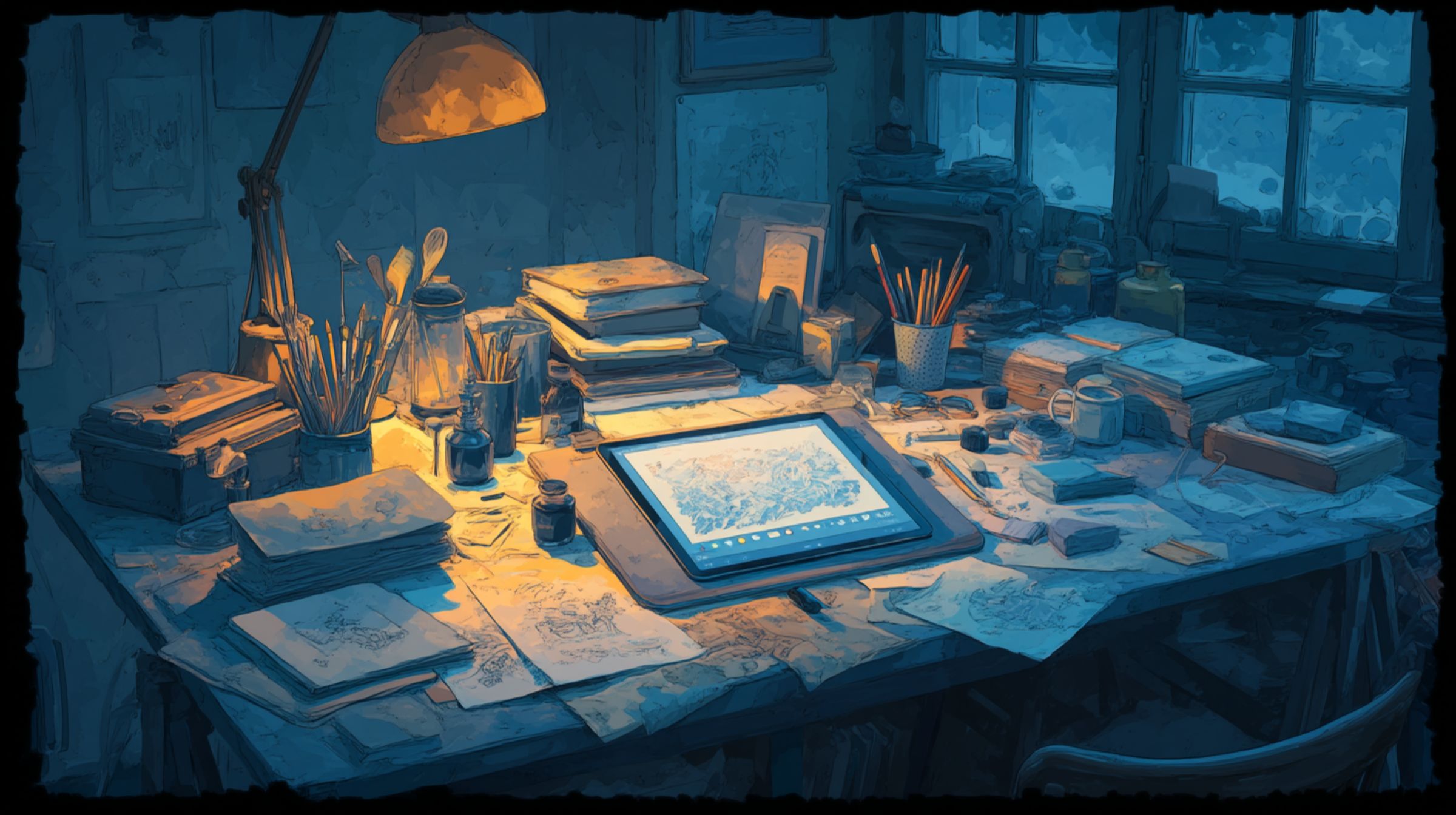A warmly lit artist’s desk with pencils, sketchbooks, and a glowing digital tablet, bridging the worlds of early animation and AI creation.
