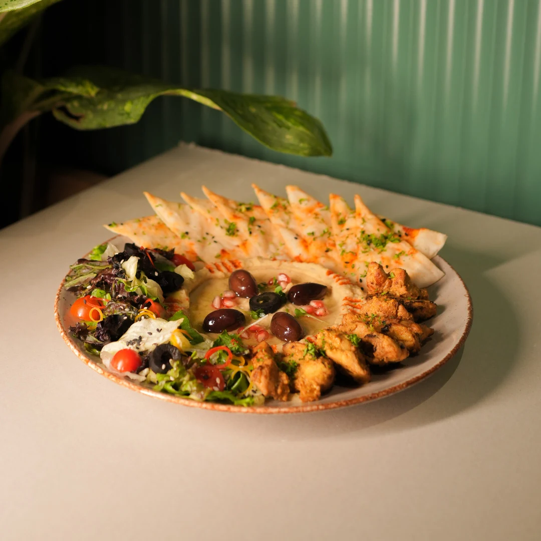 Turkish Spiced Chicken, Hummus Pita on a plate 