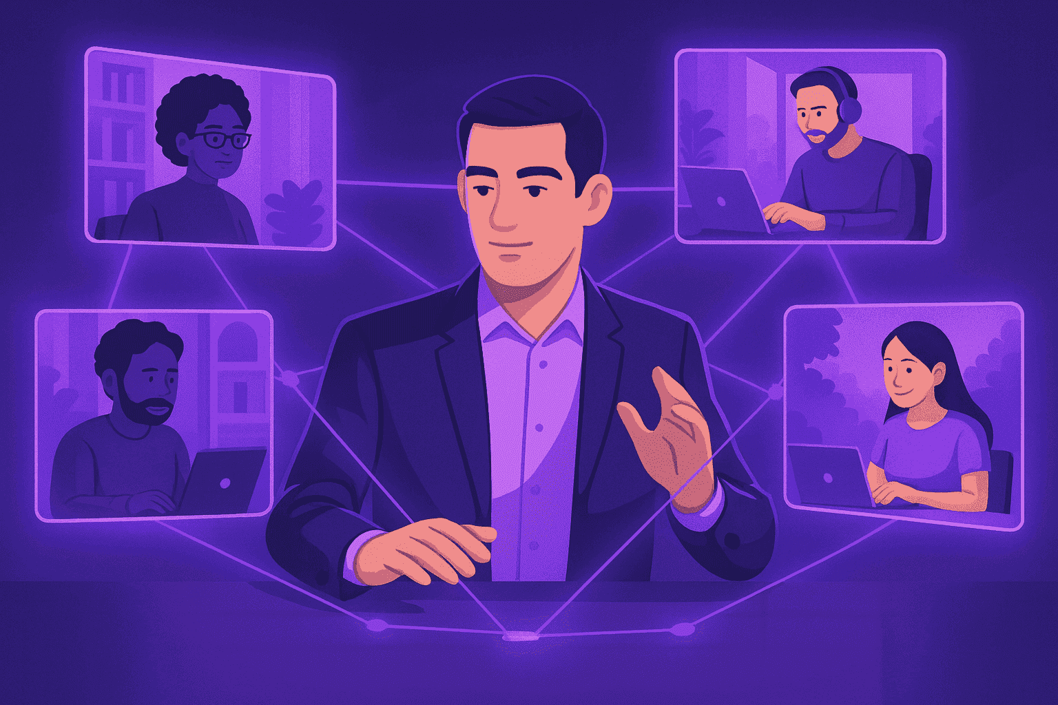 A flat-style digital illustration of a confident remote team leader coordinating with distributed team members through glowing purple connection lines and holographic screens, symbolizing alignment, trust, and high performance in managing remote teams.