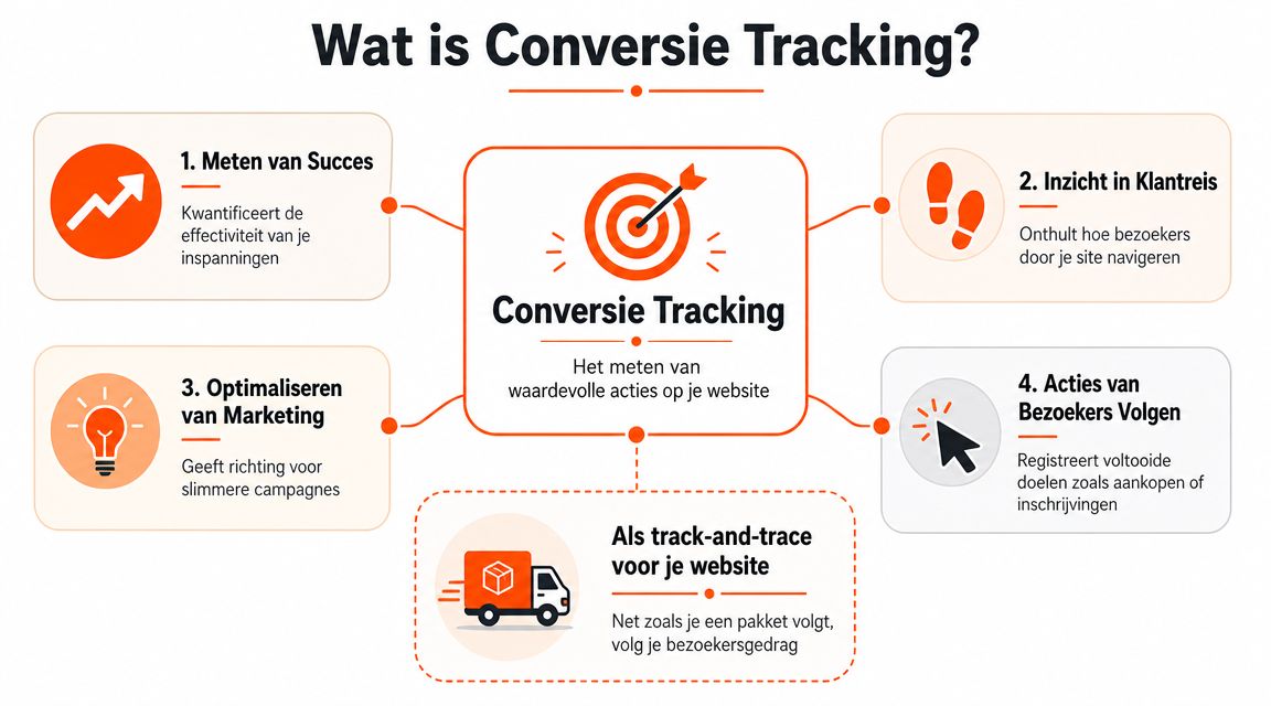 Een infographic die uitlegt wat conversie tracking is en waarom het essentieel is voor website optimalisatie.