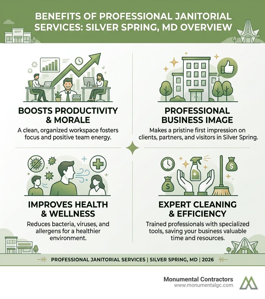 Benefits of professional janitorial services in Silver Spring MD overview infographic - janitorial services Silver Spring MD