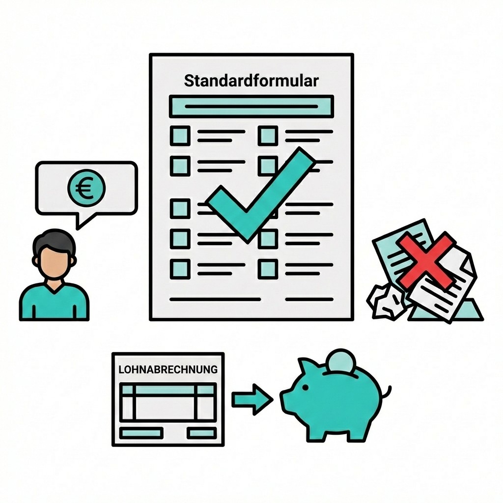 Illustration: Standardformular mit Haken, Person, Gehaltszettel, Sparschwein und abgelehnte Dokumente mit rotem Kreuz.