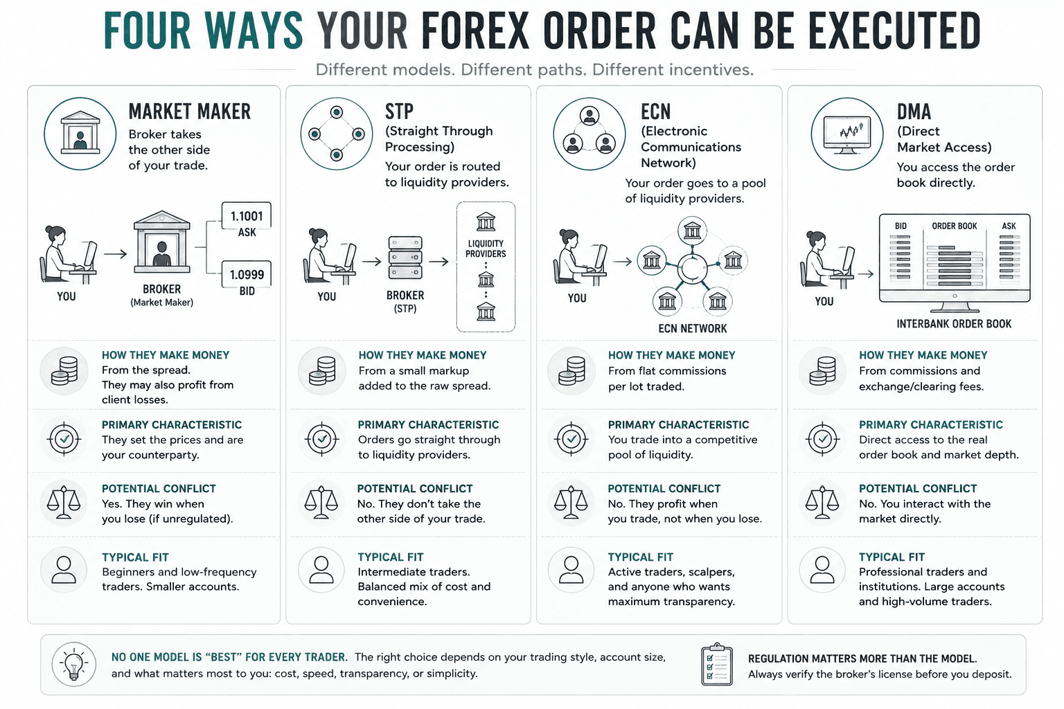 Comparison of Market Maker, STP, ECN, and DMA forex broker models showing how each handles orders, makes money, and differs in potential conflicts of interest and typical trader fit. The graphic emphasizes that no execution model is automatically best for every trader and that regulation should be verified first.