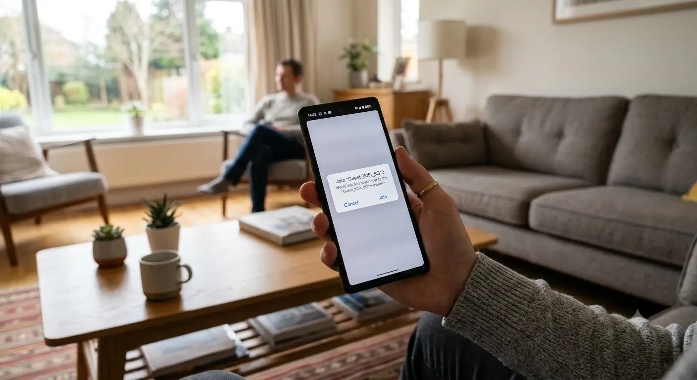 A phone joining a rental's wifi network after scanning a QR code.
