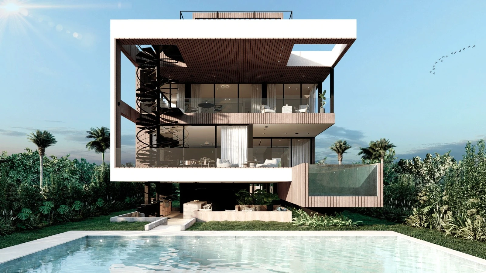 Rear exterior of three-story waterfront residence with pool and outdoor living, Miami Beach