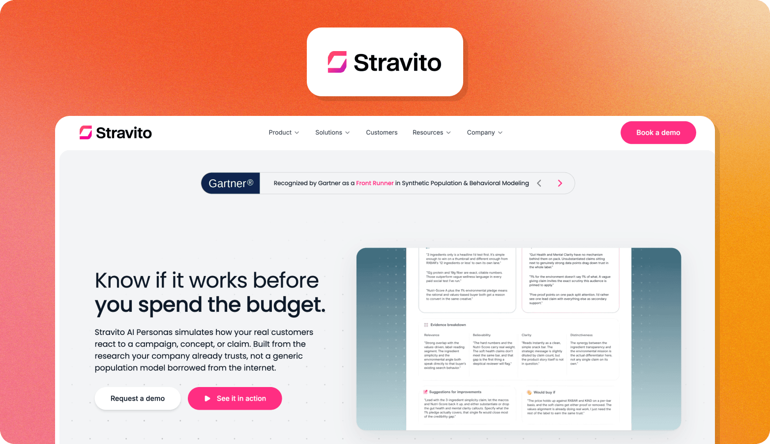 Screenshot of the Stravito homepage with a Gartner Front Runner badge and the headline "Know if it works before you spend the budget," showing simulated persona feedback panels