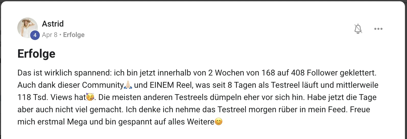 Erfolgsbericht KI Creator Akademie: Astrid wächst in 2 Wochen von 168 auf 408 Follower