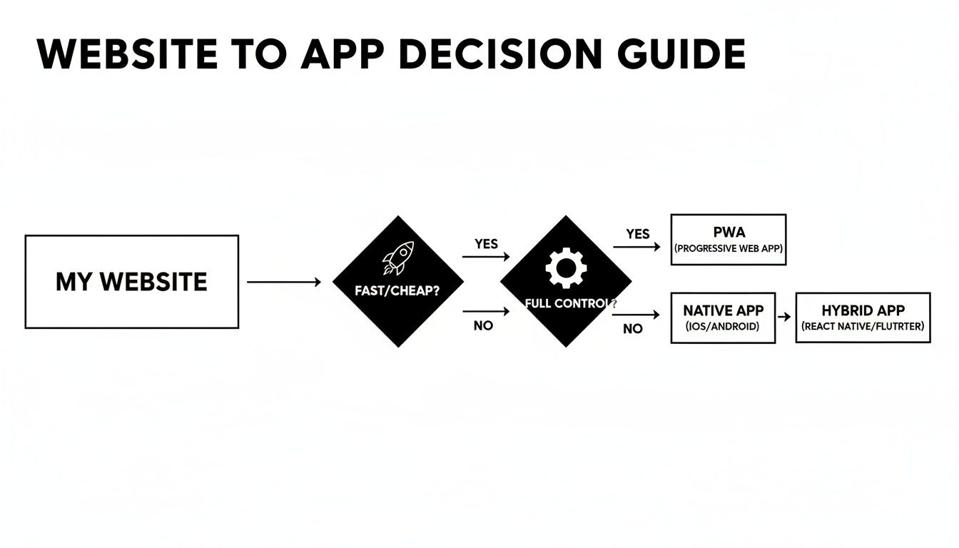 A decision guide flowchart explaining how to turn a website into a PWA, Native, or Hybrid app.