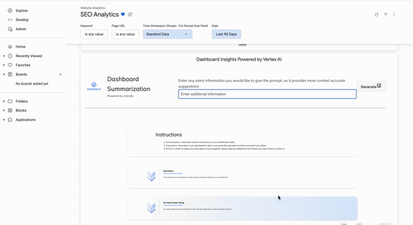 This GIF shows an SEO Analytics dashboard interface where users can input keywords, page URLs, and choose data dimensions and time periods for analysis. The dashboard features areas for summarization and instructions, facilitating detailed SEO insights generation.