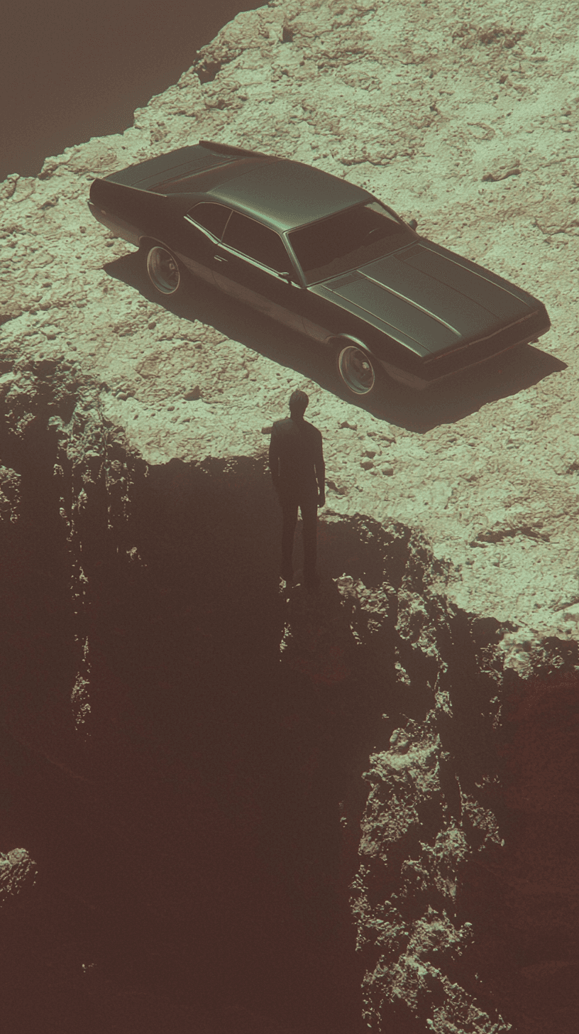 being, car on fire falling off cliff on fire, dark pale colour pallet,nostalgic , rule of thirds, poster, nostalgia