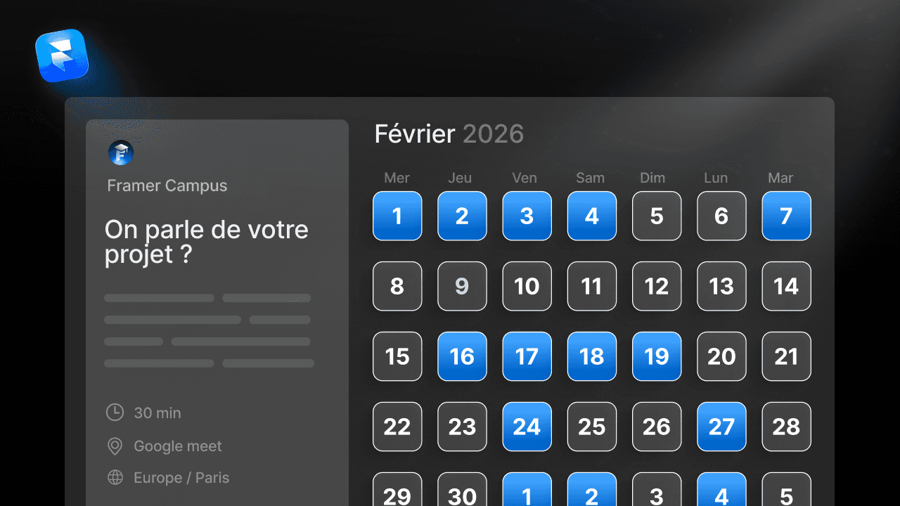 Calendrier de prise de rendez-vous intégré sur un site Framer en no code