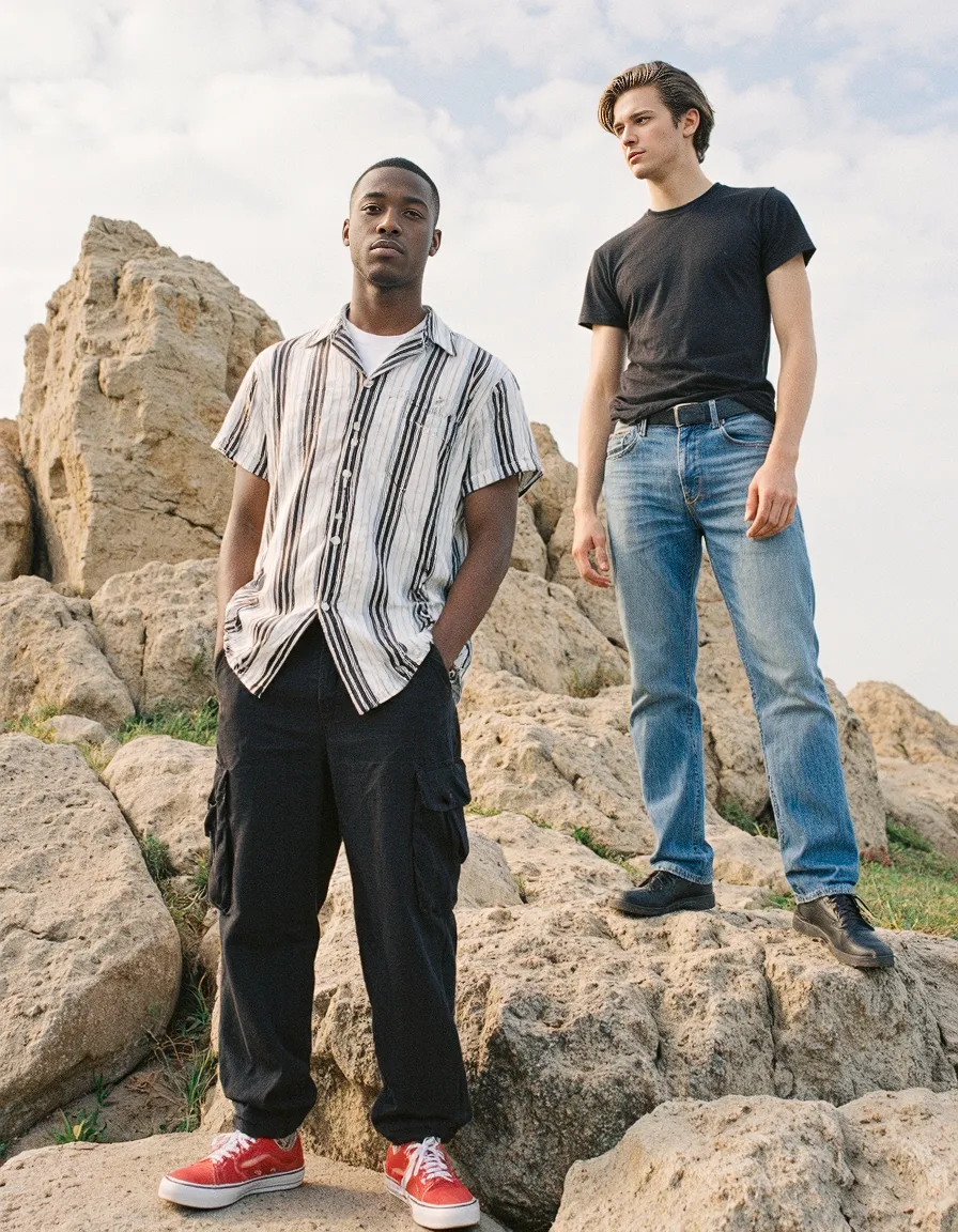 Two models posed on rocky terrain, one wearing striped shirt and cargo pants with red sneakers, other in black tee with blue jeans.