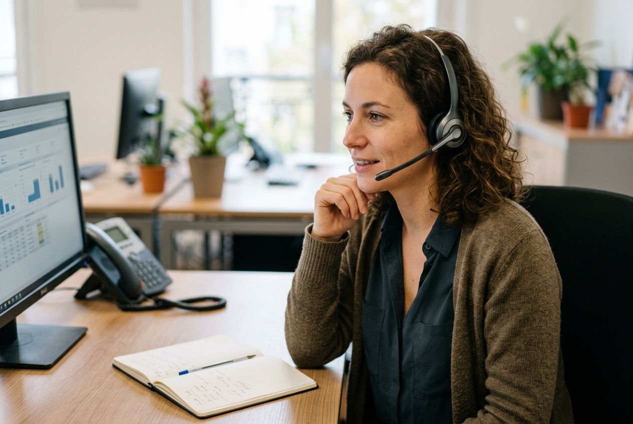 Enquêteur menant un appel de satisfaction avec écoute et professionnalisme